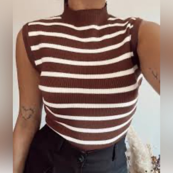 rafiana Tops - Elegant Brown and White Striped Sleeveless Top